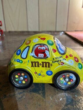 M&M's Vintage Yellow Metal Toy Car Tin Can with M&M Characters